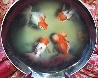 Large Hand-Painted Airbrush Porcelain Plate/Bowl depicting SWIMMING KOI FISH