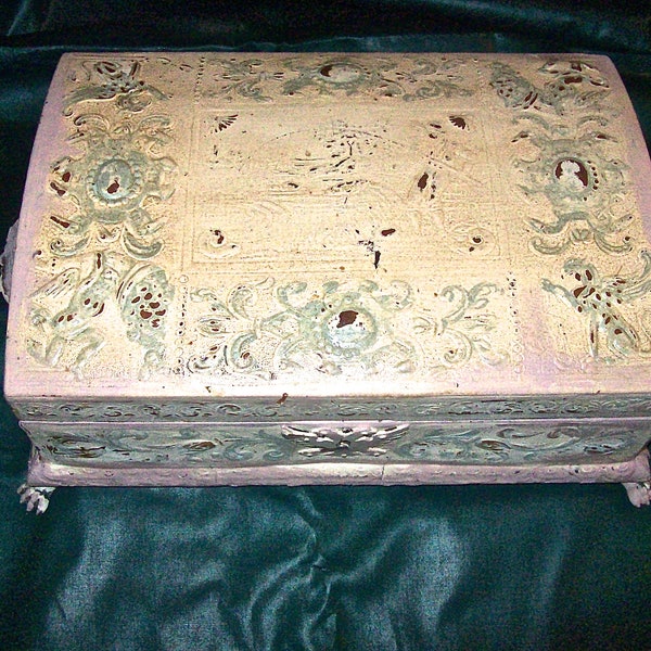 Large Antique Ultimate SHABBY CHIC Painted over Leather Footed JEWELRY Chest with Moire Fabric Lining