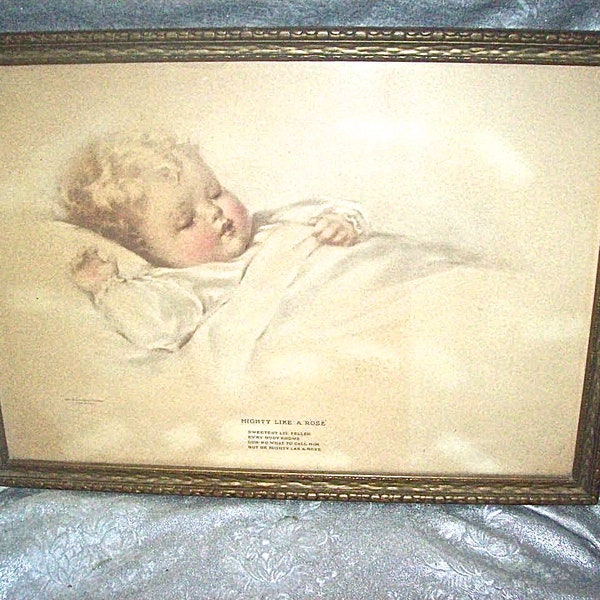 Original Framed Circa 1930's BESSIE PEASE GUTMANN Baby Lithograph Print with Verse - "Mighty Like a Rose"