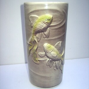 Mid Century / Eames Era ROYAL COPLEY Cylindrical Vase with High Relief Exotic Fish Decoration