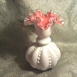 Vintage FENTON CRANBERRY Cased Silver Crest Beaded Melon VASE with Ruffled Rim