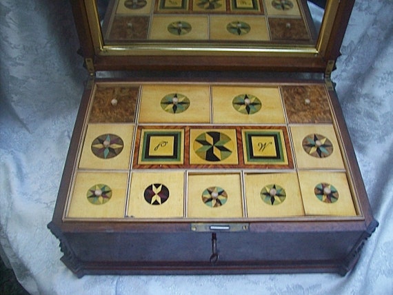 Large Antique Ornate MARQUETRY Wood JEWELRY BOX /… - image 4