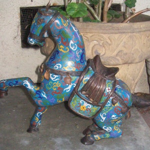 Antique 13 3/8&quot; Tall CLOISONNE CHINESE HORSE Statue / Figurine - Multicolor Pattern on Blue