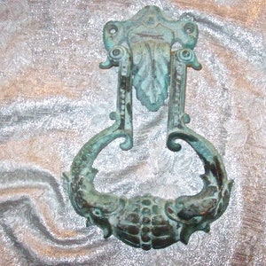 Large Ornate PATINATED Brass DOOR KNOCKER with 2 Dolphins - Made in Mexico