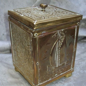Antique REPOUSSE Brass TEA CADDY with Celtic Pattern and Pictorial Ship at Sea