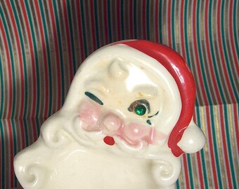 Circa 1950's WINKING SANTA CLAUS with Rhinestone Eye Heavy Ceramic Trinket Dish