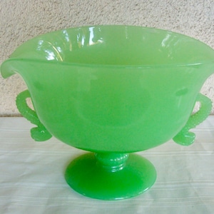 Antique Circa 1930&#39;s  FENTON JADE Glass Footed Oval CENTERPIECE Bowl with Dolphin Handles