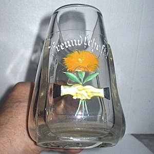 Antique GERMAN Whimsy GLASS PITCHER with Enameled Friendship Word and Graphics