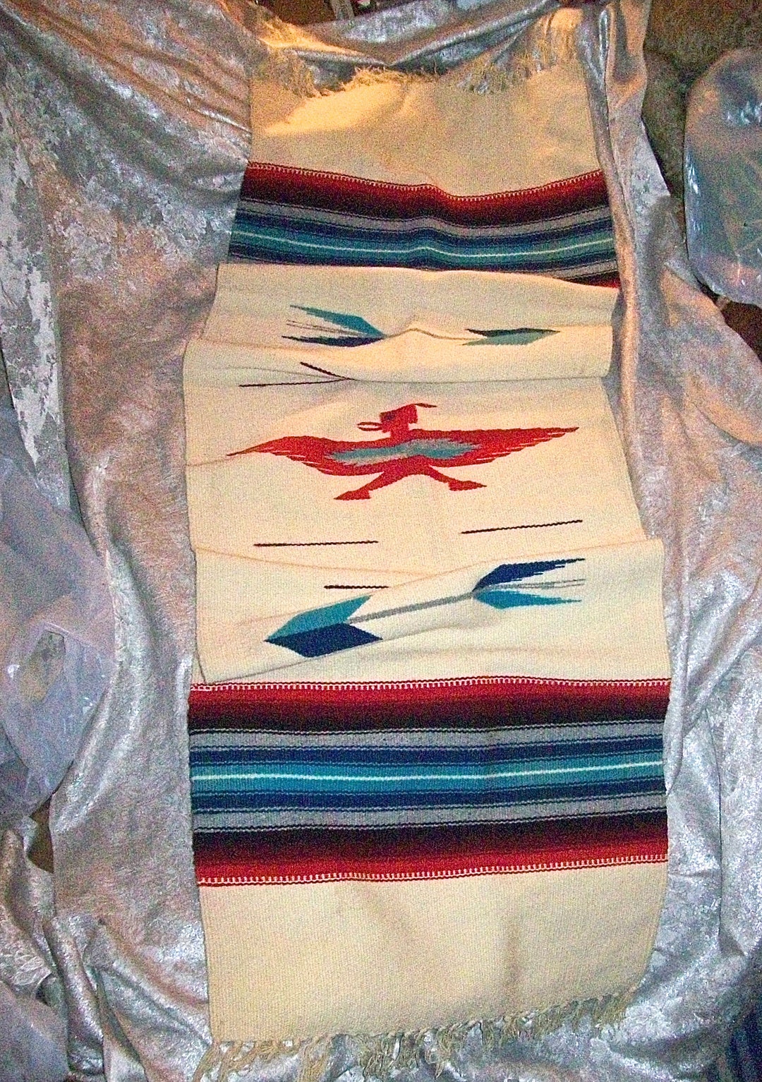 Vintage ORTEGA CHIMAYO Hand Loom Woven WOOL Runner / Wall Hanging With