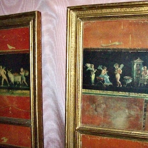Large Pair of ITALIAN Gilded Wood Frames with Prints of Ancient POMPEI Wall FRESCOES