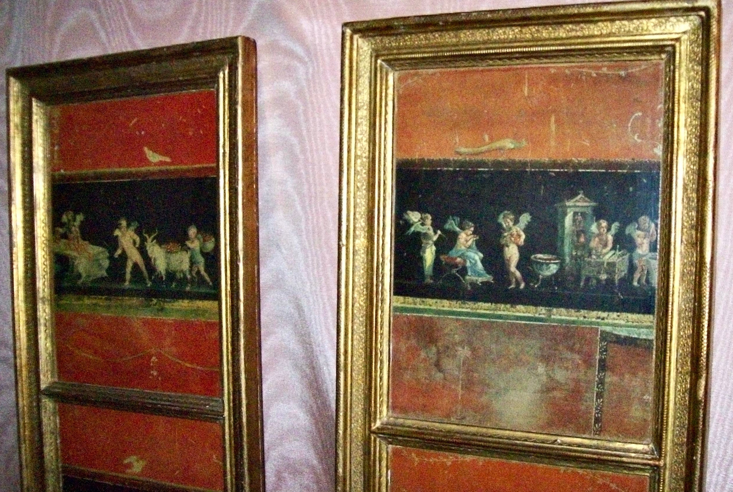 Large Pair of ITALIAN Gilded Wood Frames with Prints of Ancient POMPEI Wall FRESCOES