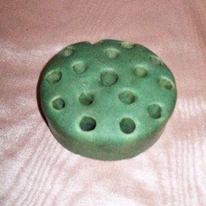Antique Hand Made Matte Green Glazed CERAMIC FLOWER FROG