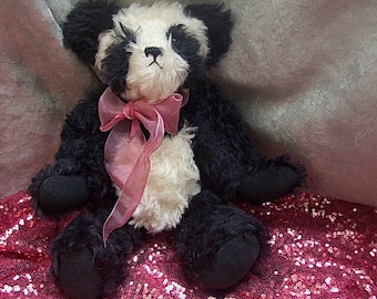 Vintage Heidi Gris 14" MOHAIR ours PANDA avec des yeux de verre et cuir patte des tampons