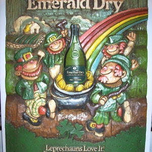 LEPRECHAUNS! Saint PATRICK&#39;S DAY! Vintage Paul Masson&#39;s Emerald Dry Wine Vintage 3D Advertising Bar /Liquor Store Poster