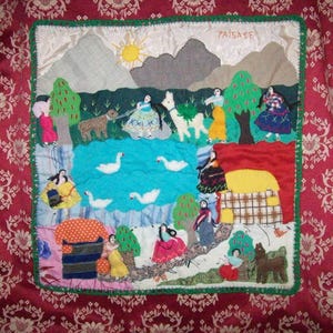 Vibrant Peruvian Folk Art 3D Quilted Textile Fiber Art/Tapestry/Wall Hanging Embroidered Appliques of Fabric - COUNTRYSIDE SCENE