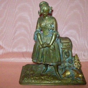 Antique French BRONZE SCULPTURE of a DAMSEL Standing at Water Font with Broken Ewer