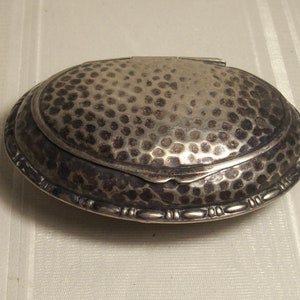 Antique ALPACA SILVER Metal Hand Wrought Oval Hinged Keepsake / Medicine / Coin BOX measuring 1 7/8&quot; by 2 5/8&quot; by 7/8&quot;