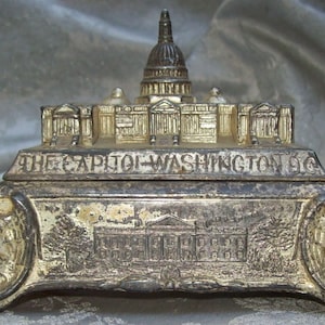 Elaborate Antique  Figural BUILDING METAL Jewelry or Trinket  Fully Lined BOX - The Capitol Washington D.C.