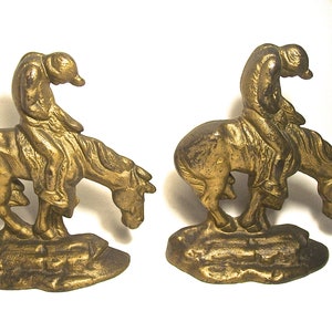 Antique CAST IRON Indian on Horseback BOOKENDS adapted from James Earle Fraser (American, 1876–1953). Iconic End of the Trail Sculpture
