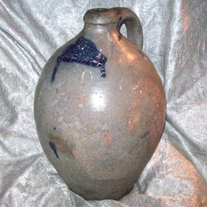 Circa 1850&#39;s Antique I.M. Mead & Co. of Mogadore, Ohio 14 1/2&quot; Tall STONEWARE OVOID JUG with applied Handle and Cobalt Accents