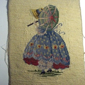Antique PETIT-POINT 7&quot;by 9&quot; PICTURE of Antebellum Bonnet Lady with Parasol