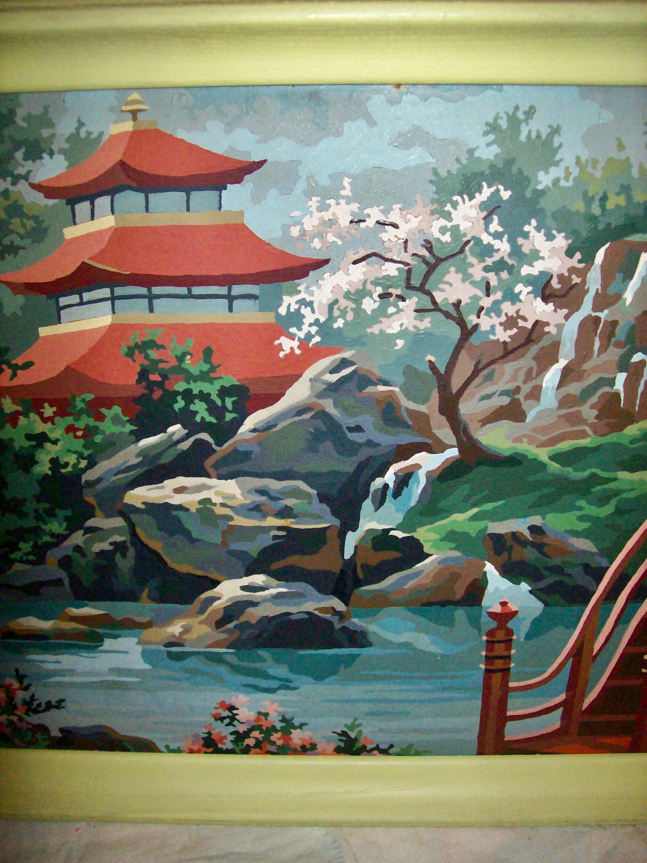 絵画 vintage ART Framed Mid Century PAINT-BY-NUMBER Beautiful Japanese Garden