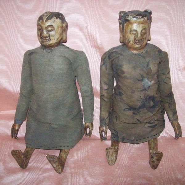 Antique CHINESE FERTILITY DOLLS of Carved Wood and Fabric Clothing - Customs Wax Seal on Back