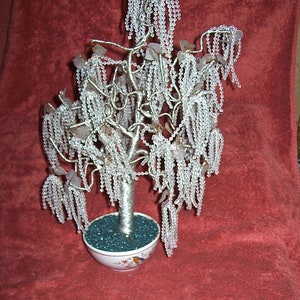 Elegant Vintage Hand Made White and Silver Weeping Willow-Style 17&quot; Tall TREE with HANGING BEADS