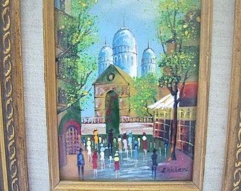 Vintage Framed ENAMEL on COPPER PAINTING by S. Richard - European Street Scene