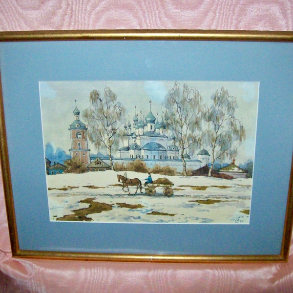 Peinture AQUARELLE encadrée d'une scène rurale russe antique avec le KREMLIN en arrière-plan