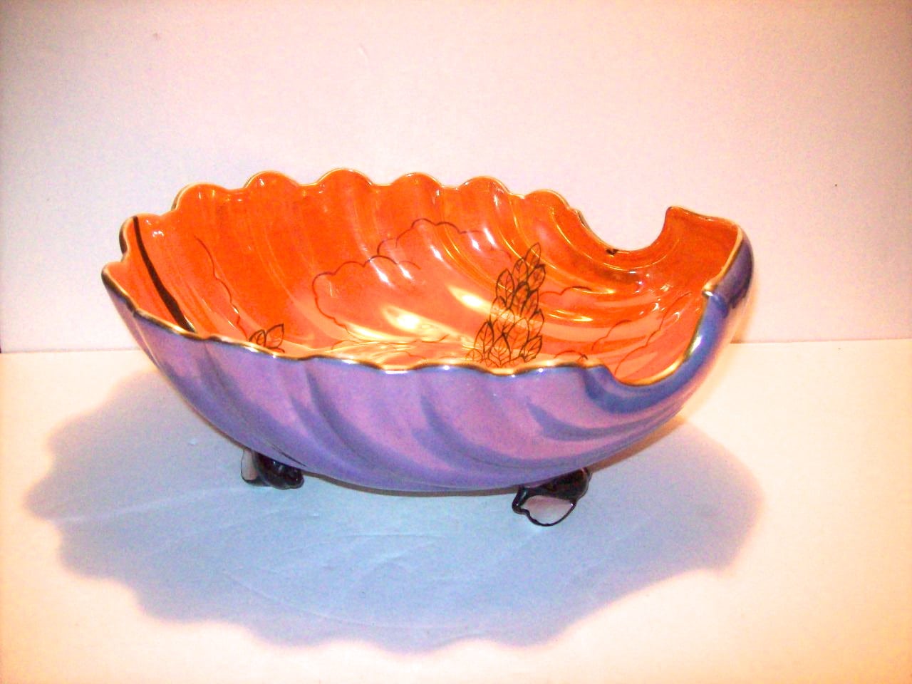 Circa 1920s JAPANESE ShellShaped Centerpiece LUSTRE Ware BOWL with HandPainted Interior Scene