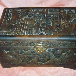 Antique Chinese Carved CAMPHOR WOOD High Relief Figural Scenes 11 3/4&quot; by 6 1/4&quot; by 7 1/4&quot; Tabletop CHEST with Brass Latch