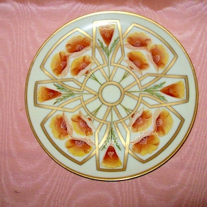 Hand Painted Poppies PICKARD LIMOGES FRANCE Porcelain 8 5/8&quot; Plate with Gold Geometric Design - Artist Signed