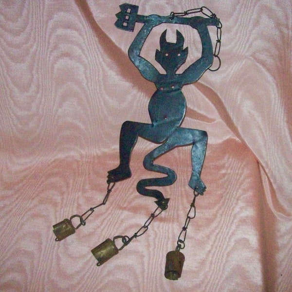 Hanging Metal DEVIL ( with Pitchfork ) Silhouette WIND CHIME with 3 Bells