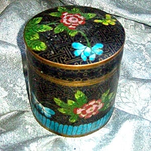 Antique Ornate CHINESE CLOISONNE CANISTER Round Box Container with Multi-Color Floral Decoration