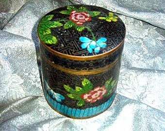 Antique Ornate CHINESE CLOISONNE CANISTER Round Box Container with Multi-Color Floral Decoration
