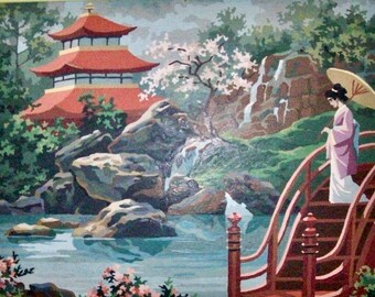 パクチー版画 Framed Mid Century PAINT-BY-NUMBER Beautiful Japanese Garden