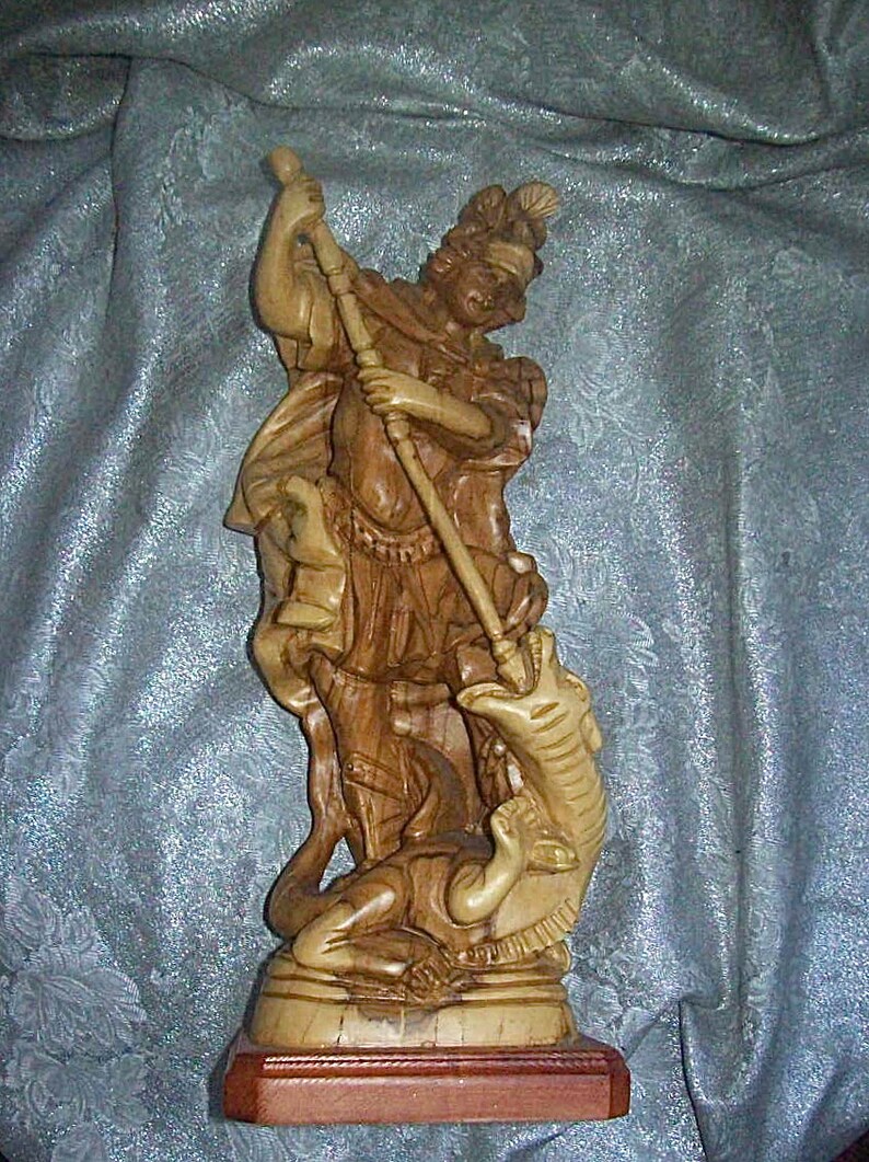 Hand Carved Wood Sculpture of SAINT GEORGE Slaying The DRAGON Figurine Statue