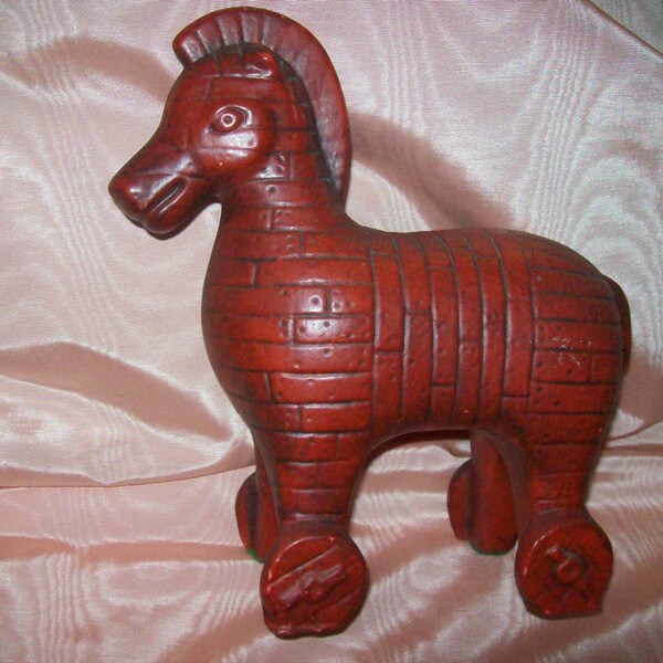 Vintage 11" Tall  Red Ceramic TROJAN HORSE Piggy BANK