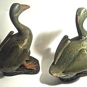 Antique Pair of CHINESE Carved Wood DUCKS  FIGURINES Painted and Ornately Decorated - Late 19th Century