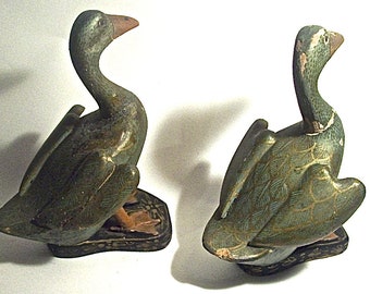 Antique Pair of CHINESE Carved Wood DUCKS  FIGURINES Painted and Ornately Decorated - Late 19th Century