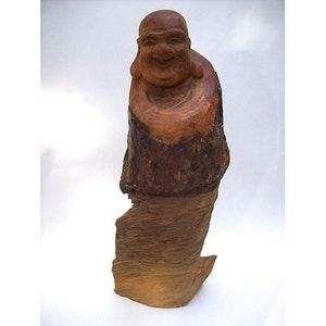 Natural Wood Branch Form with Hand-Carved Head - CHINESE HOTEI BUDDHA Sculpture/Statue
