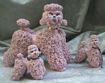 L&#39;arge Vintage 8&quot; Tall PORCELAIN &quot;&#39;S&#39;paghetti&quot; PINK POODLE Mom and her 2 Pups - What Faces!!!!