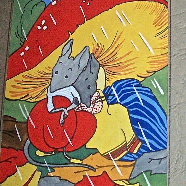 Circa 1930's - 40's Original STORYBOOK ILLUSTRATION Framed Painting of Mice Couple under a MUSHROOM in the Rain