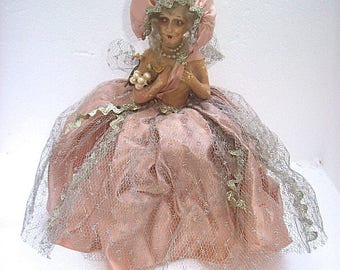 Antique CHALKWARE French / German Boudoir HALF DOLL in Full Dress Outfit