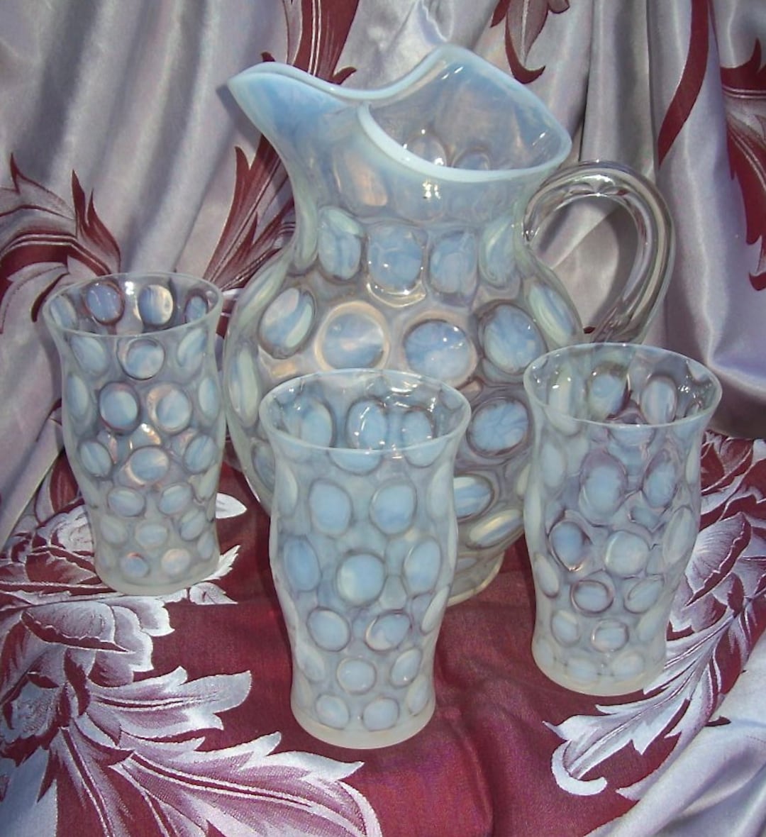 スペシャル！40s〜クランベリーオパールセントコインドットピッチャーFenton Antique FENTON Opalescent Coin Dot Optic Large PITCHER With