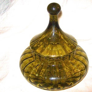 Vintage Mid Century ITALIAN EMPOLI Hand Blown OLIVE Art Glass Covered Candy Jar Container