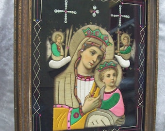Unique Antique Framed RUSSIAN Icon of  MARY / JESUS  &quot;Our Lady of Perpetual Help&quot; done in Mixed Media Textile and Cut-Out Chromo-Lithographs