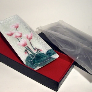 Stunning Vintage JAPANESE  GINBARI Enamel on Metal 2 5/8&quot; by 7 1/8&quot; Floral Motif TRAY - Unused in its Original Box