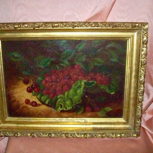 Antique oil painting in Original Ornate Gilded 16 1/2&quot; zby 22&quot; Frame - STILL LIFE with Red CHERRIES